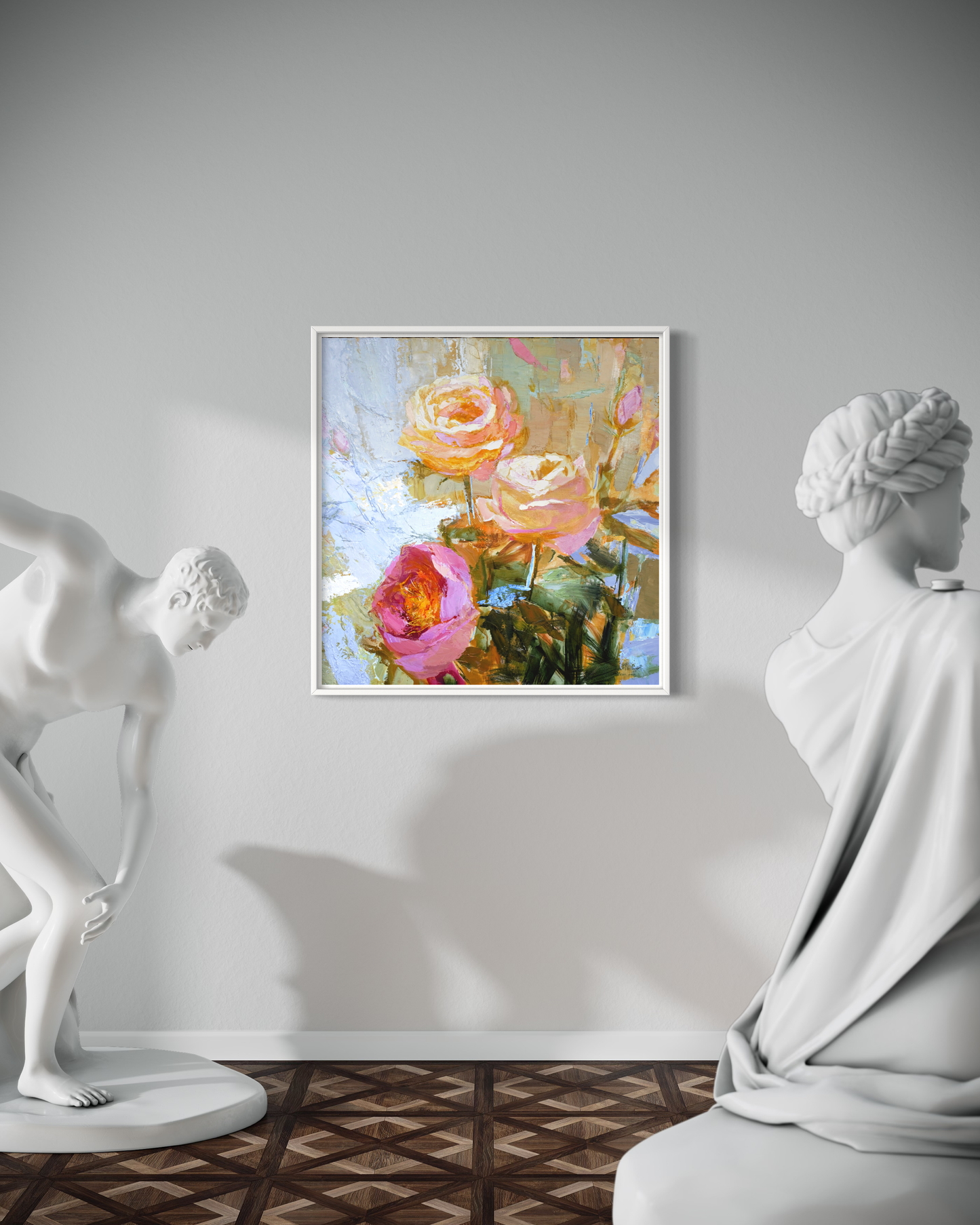 a couple of people that are standing in front of a painting