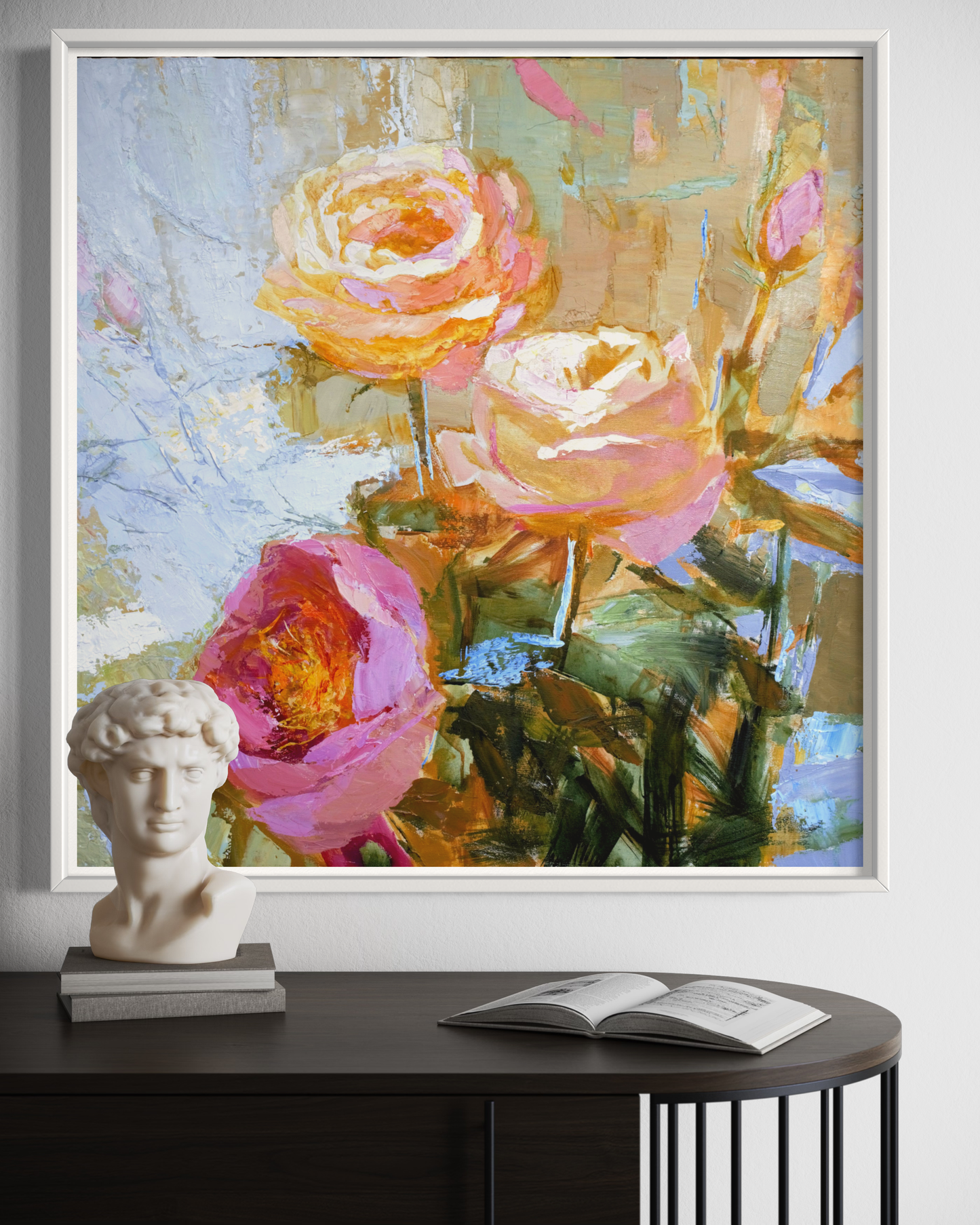 a vase of flowers sitting on a shelf