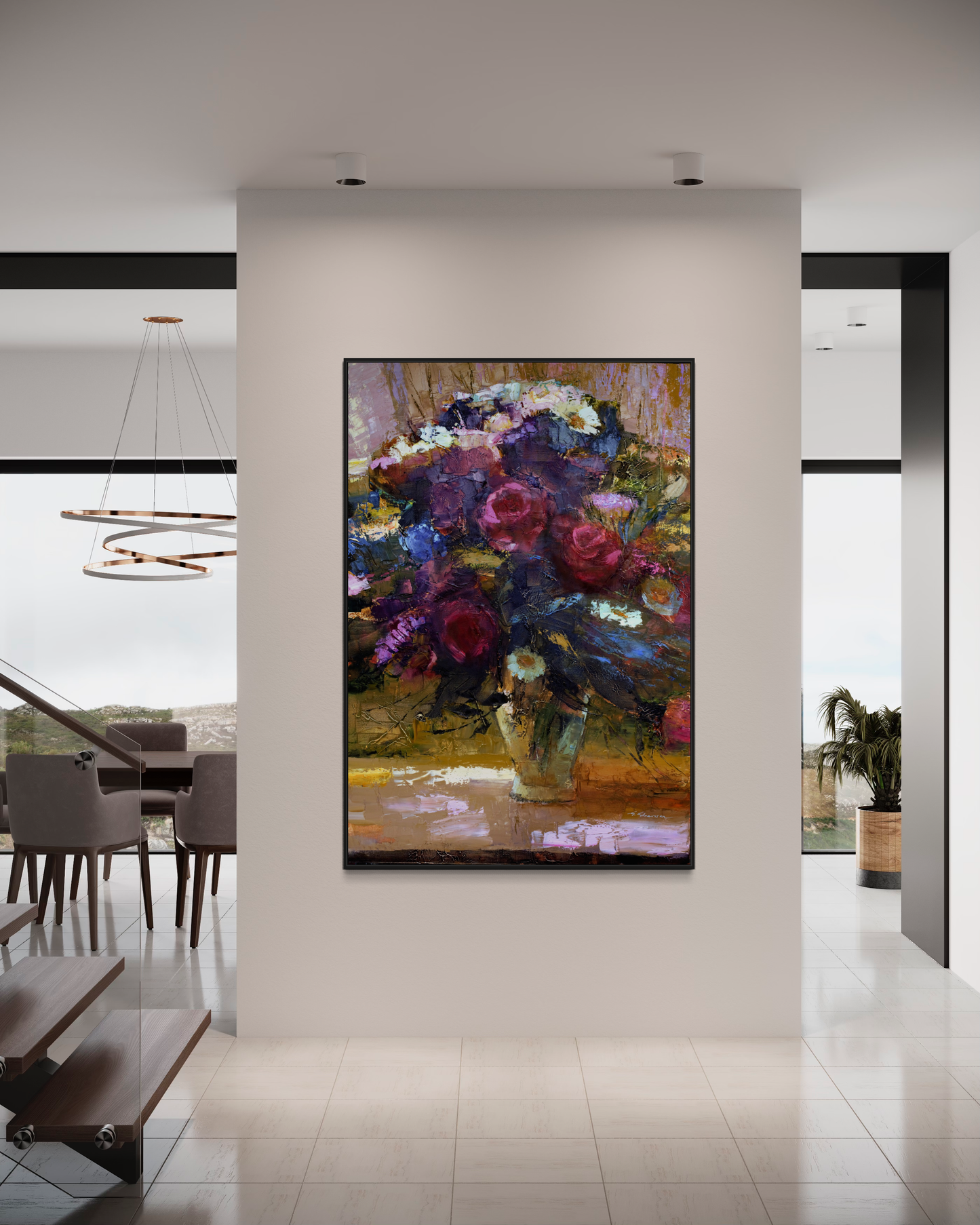 a living room with a couch and a painting on the wall