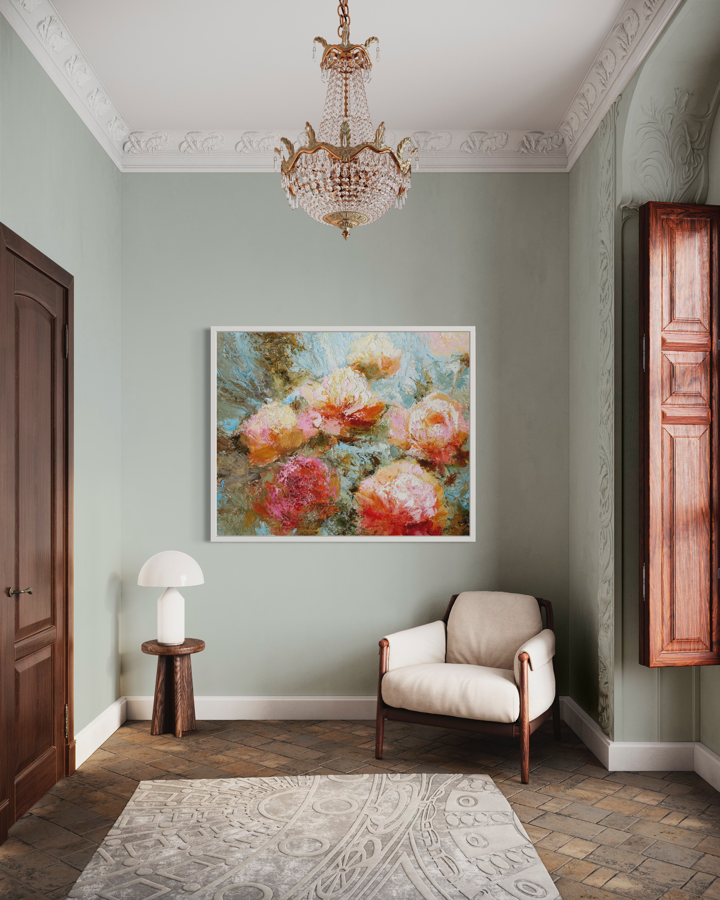 a bedroom with a bed and a painting on the wall