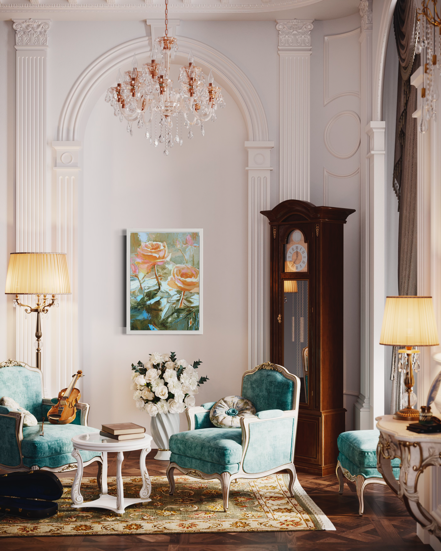 a living room filled with furniture and a chandelier