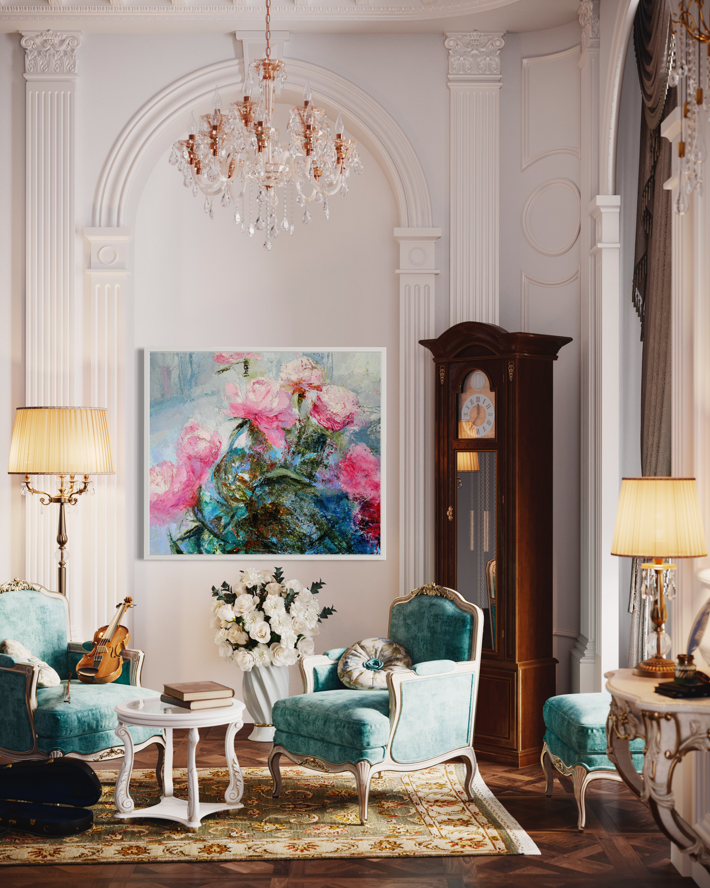 a room with a chandelier and a chandelier