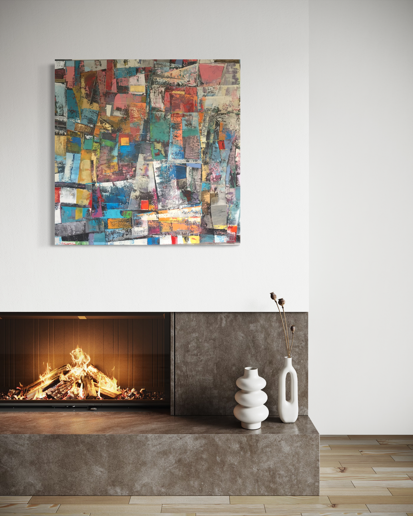 a fire place sitting on top of a wooden table