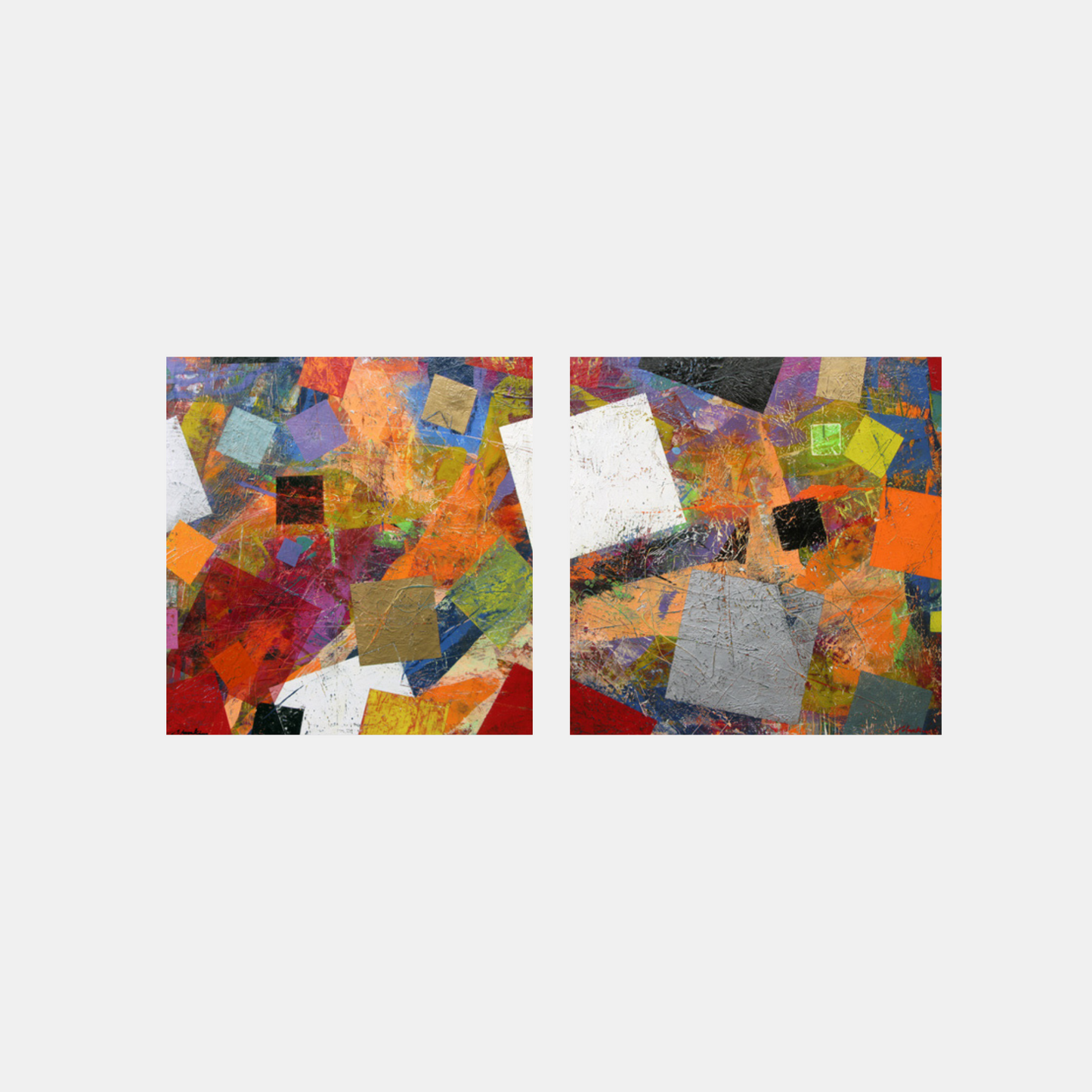 a combination of 2 canvas of colourful small and large squares