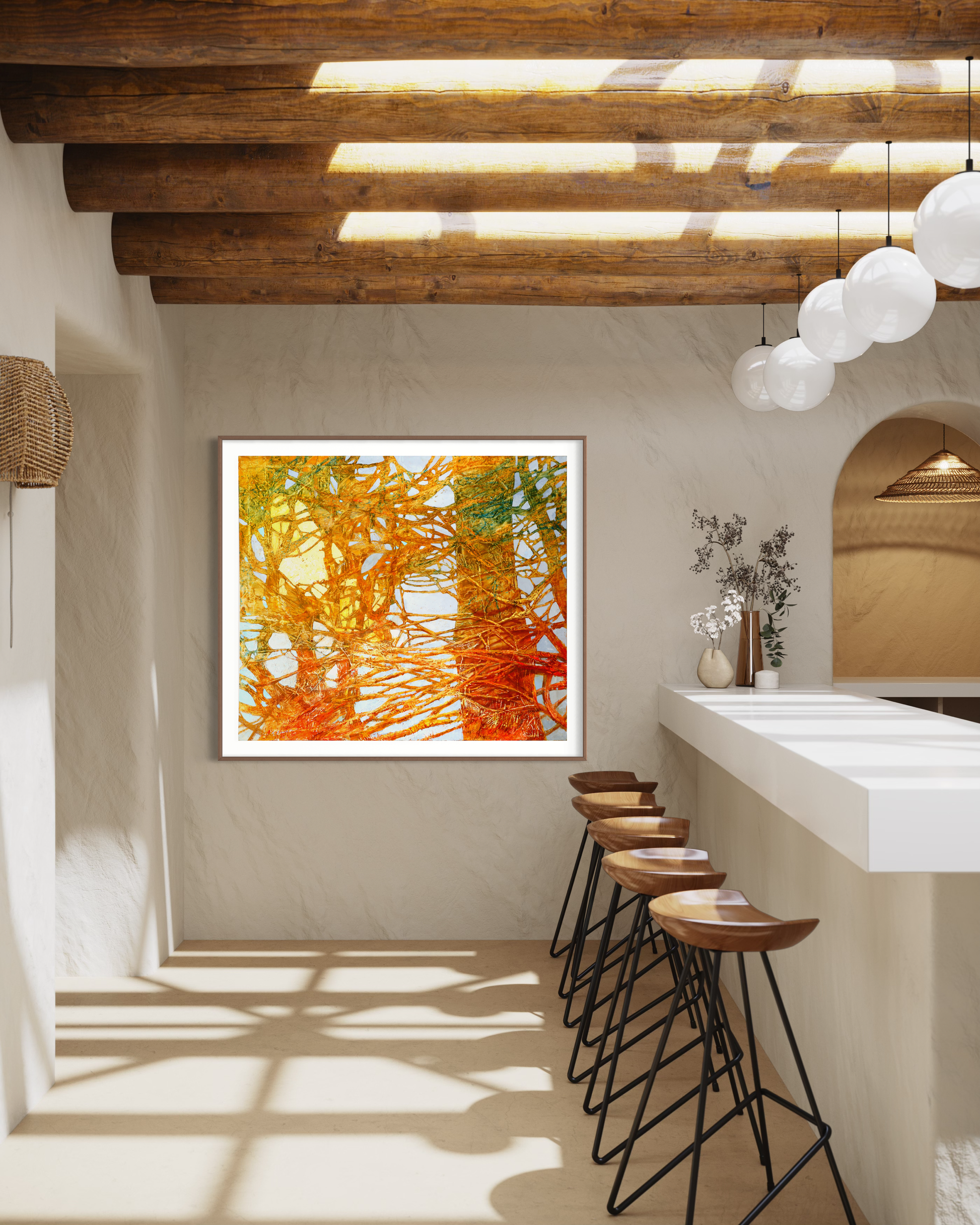 golden trees with sunshine painting in a room