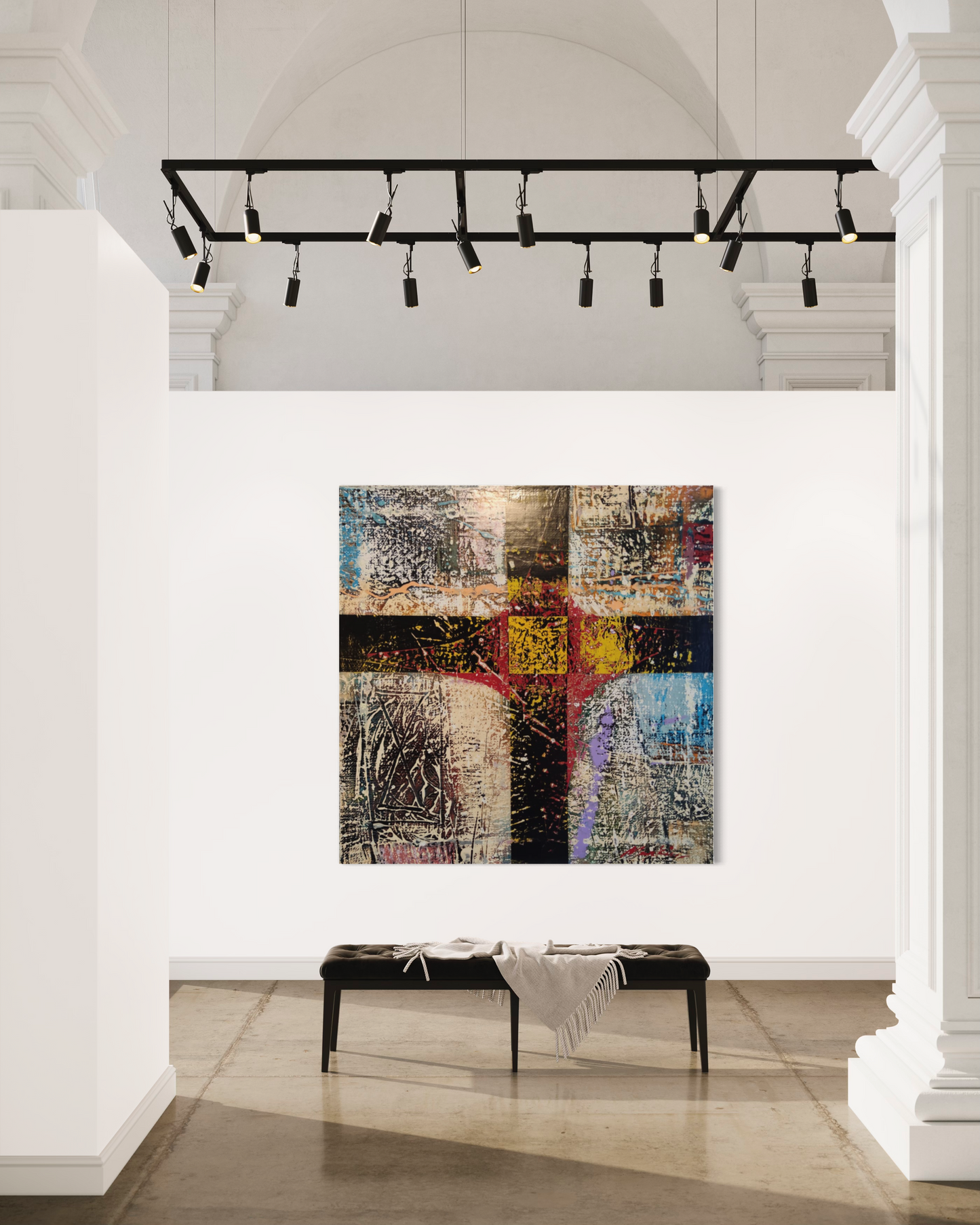 a painting of a black cross in an art gallery forming squares of abstract shapes