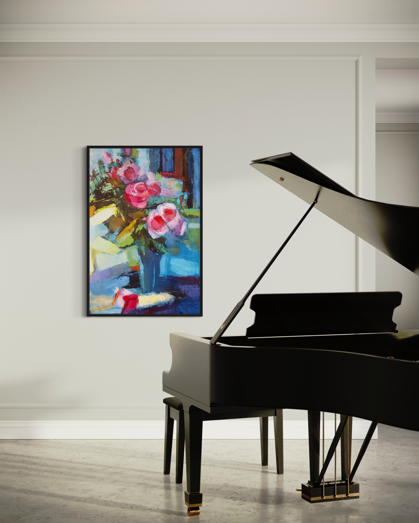 a living room with a chair and a table 