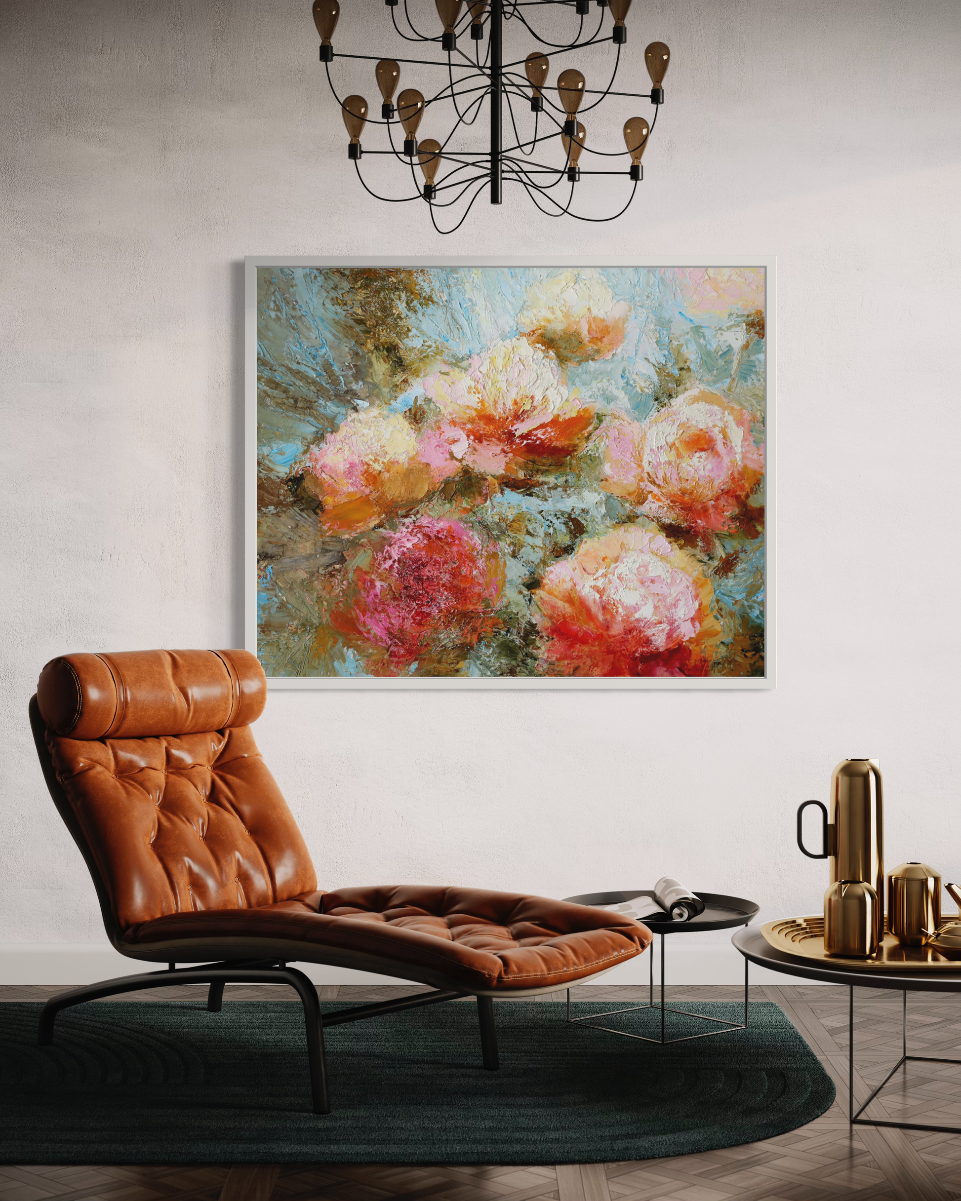 a living room filled with furniture and a painting 