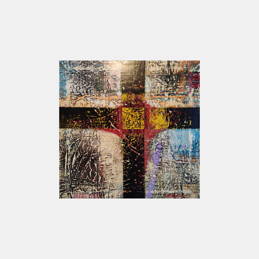 a painting of black cross painted in oil with square abstract shapes