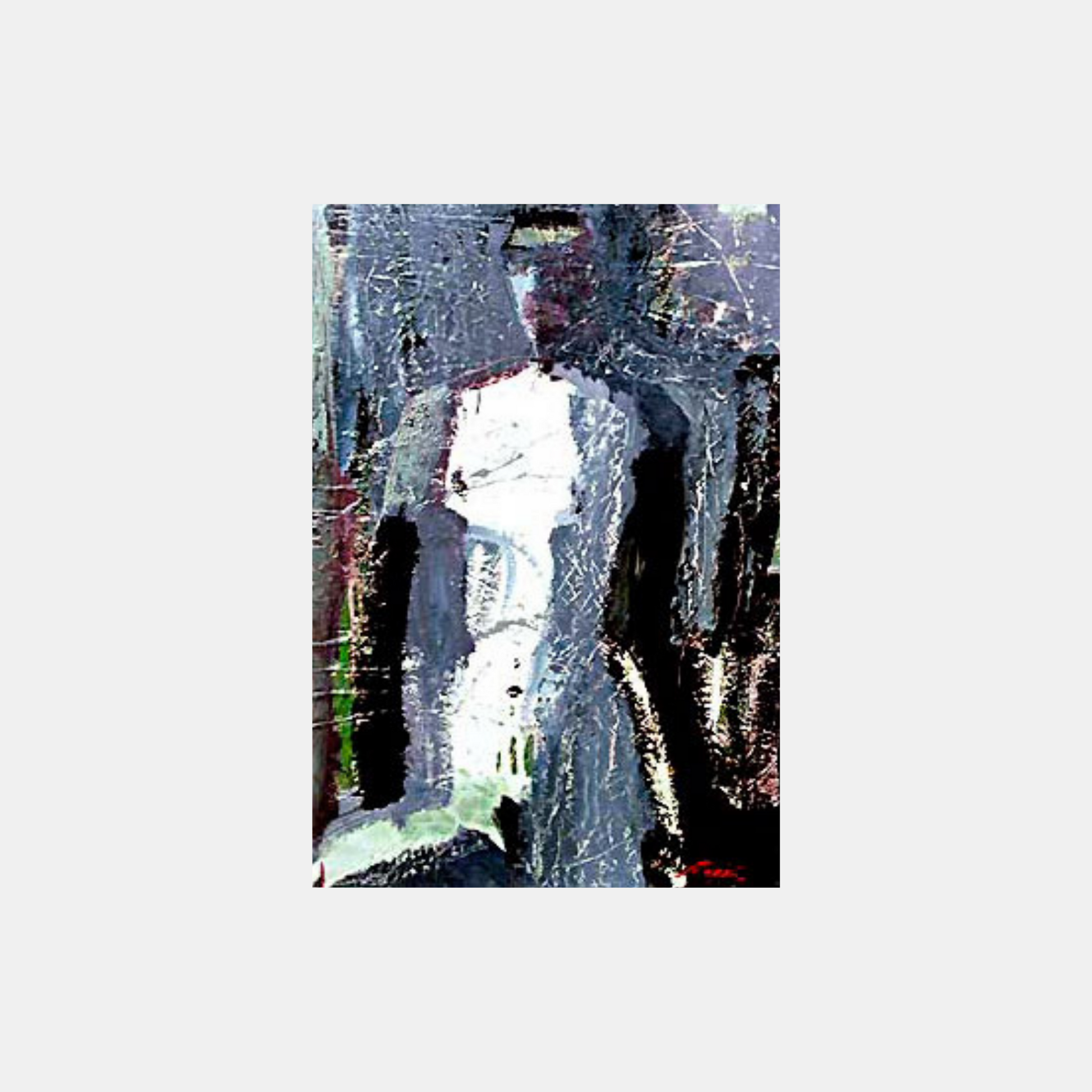 An abstract painting of a dressed model in white