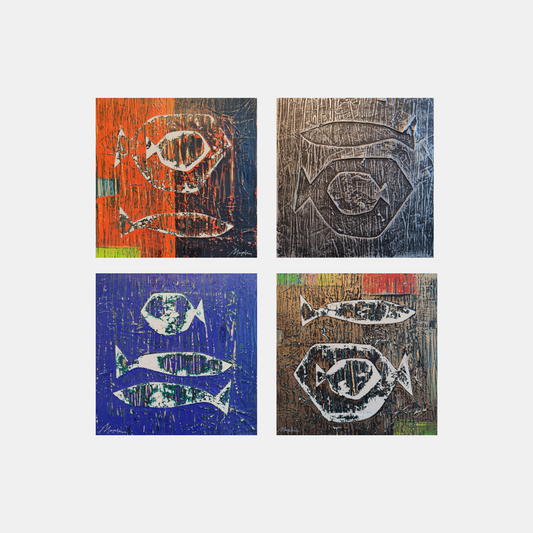 four painting of different fish styles painted on canvas in oil
