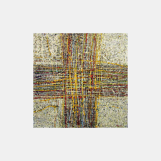 an abstract painting cross golden red and yellow stripes