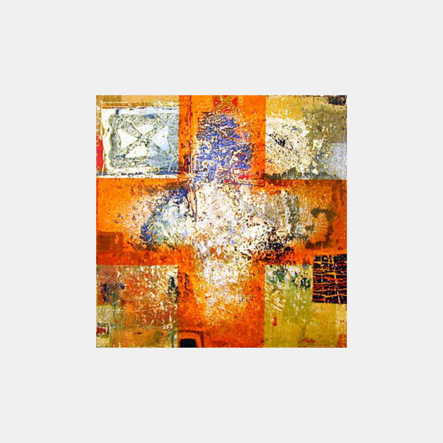 an abstract painting of an orange cross with golden colours around the outside