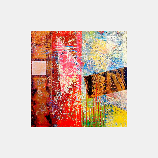 a painting in oil of squares, rectangles and triangles in all forms of colour 
