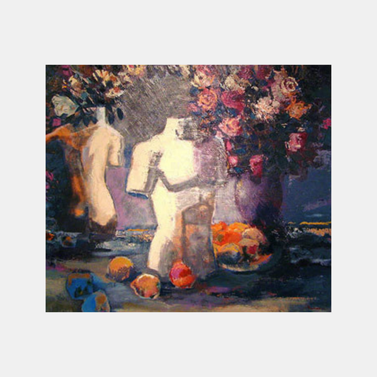a painting of a torso and flowers on a table