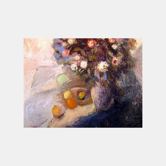 a painting of abstract flowers on a table with fruits