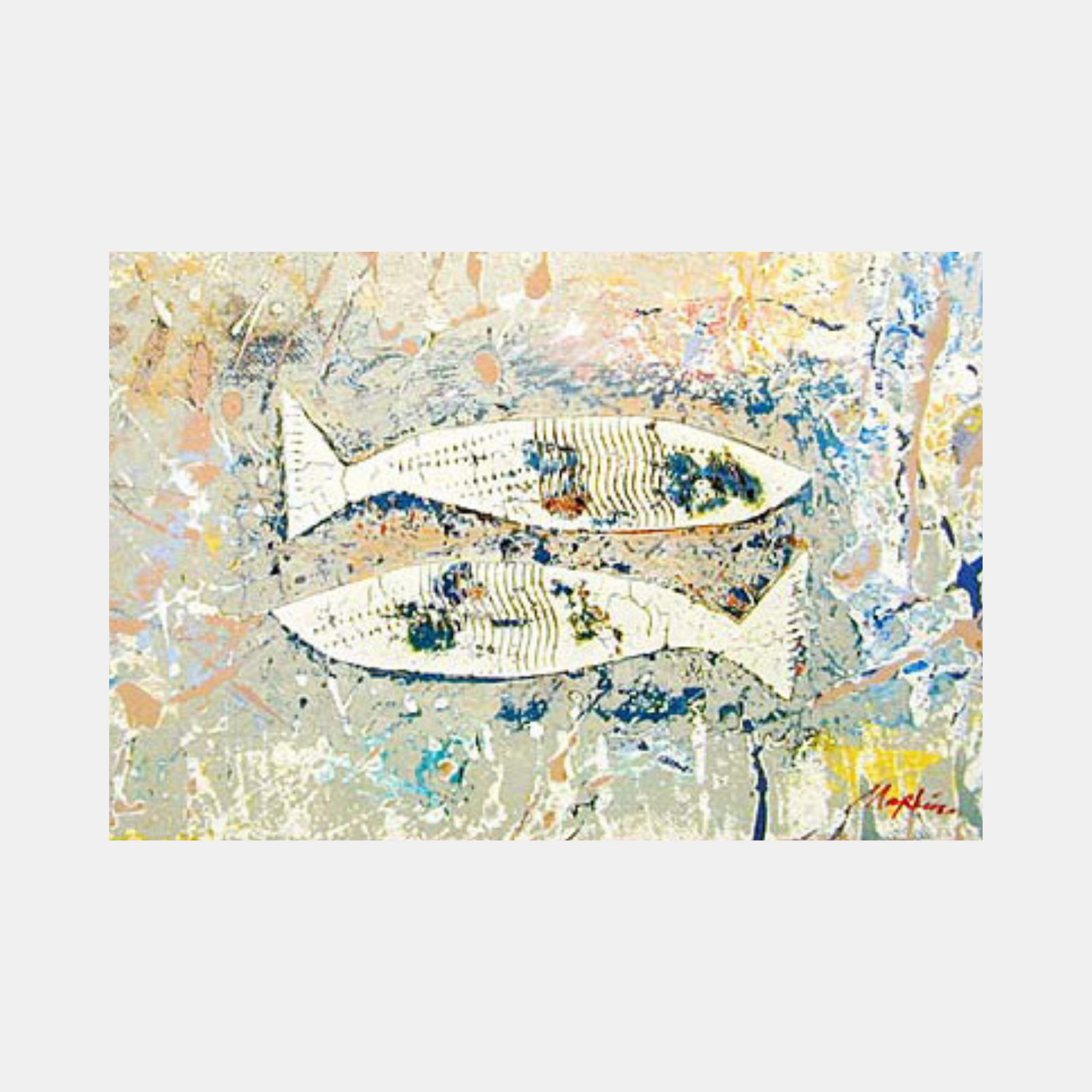 an abstract painting of two white fishes like they are similar to fossil 